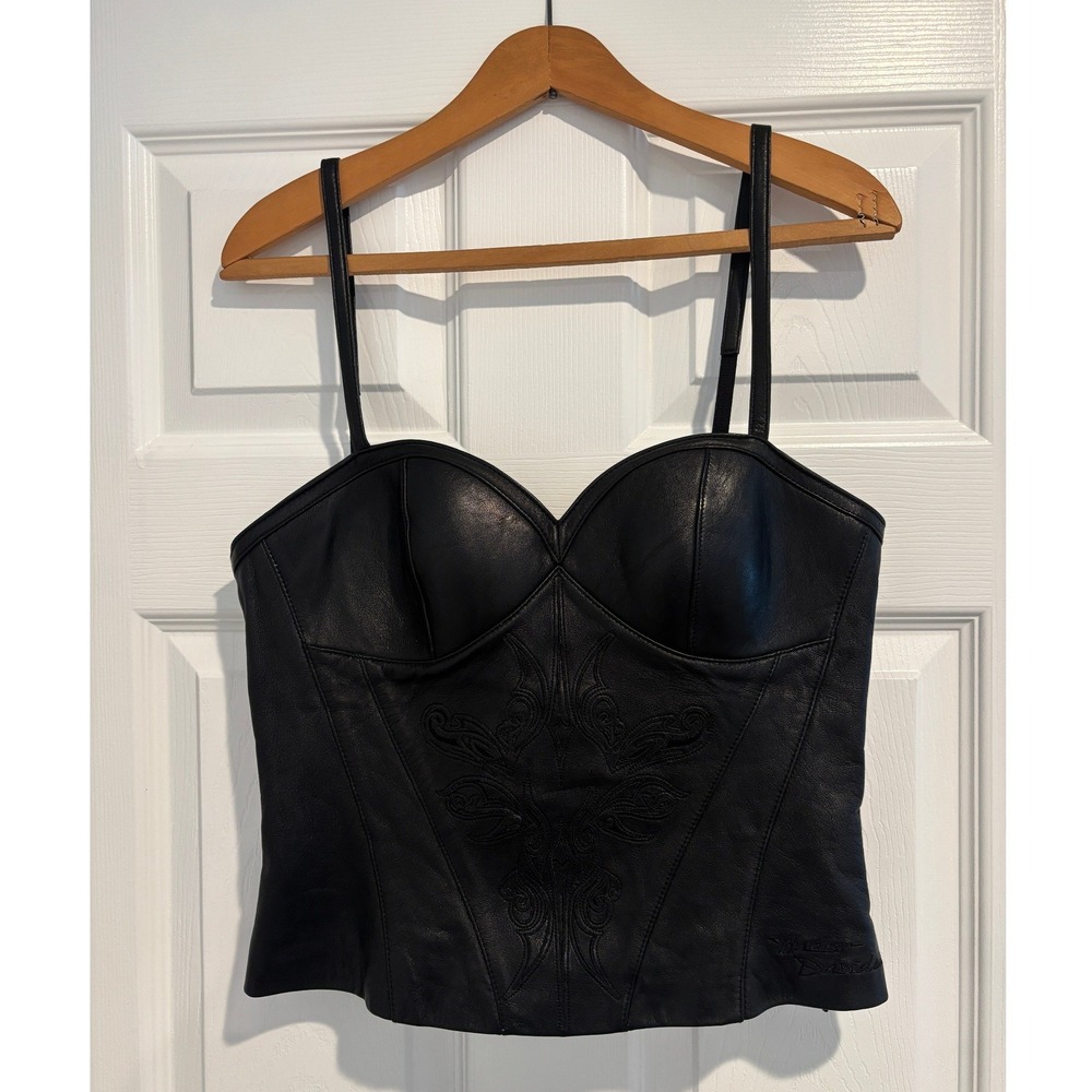 Vintage Harley-Davidson Leather Corset Top Size 8 Embroidered Biker Bustier